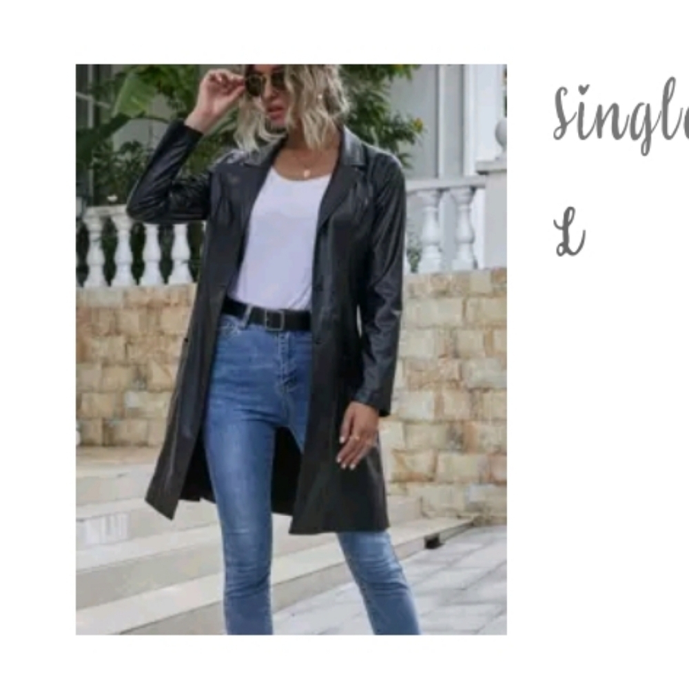 Black Faux Leather Trench Coat with Glossy Finish and Relaxed Fit​